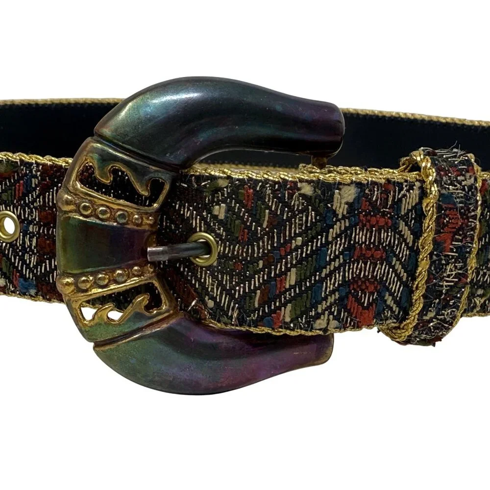 Capezio Womens Vtg Tapestry Belt Metallic Gold Geometric Patina Metal Buckle M/L